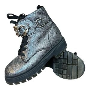 NINA Weslyn Girls Silver Glitter Combat Boots Size 13 Chunky Lug Chain Buckle